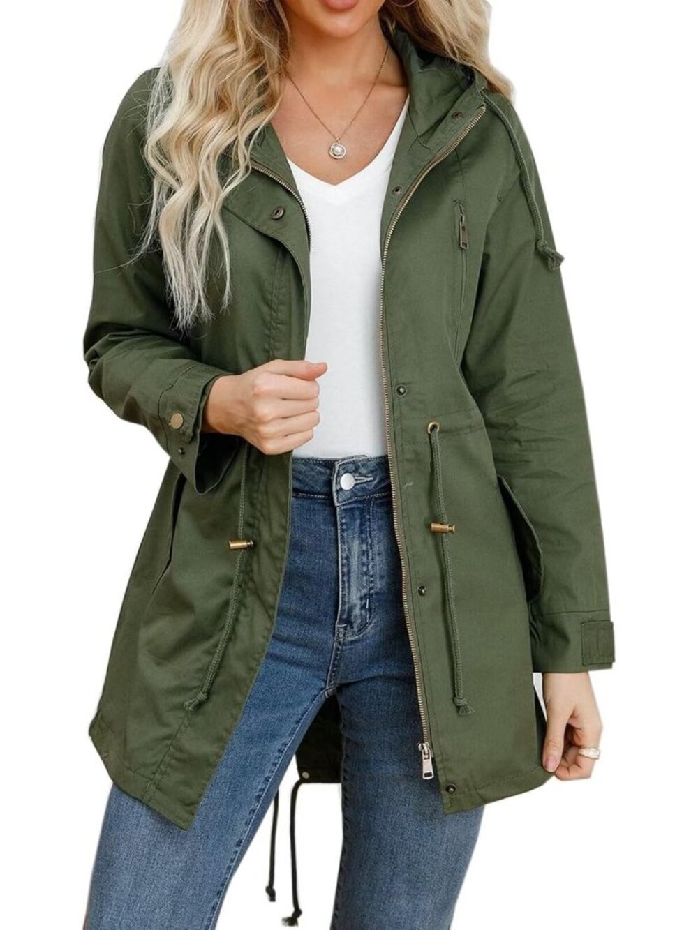 Women's Green Lightweight Jackets Anorak Utility Drawstring Waist Hoodie Zip Up